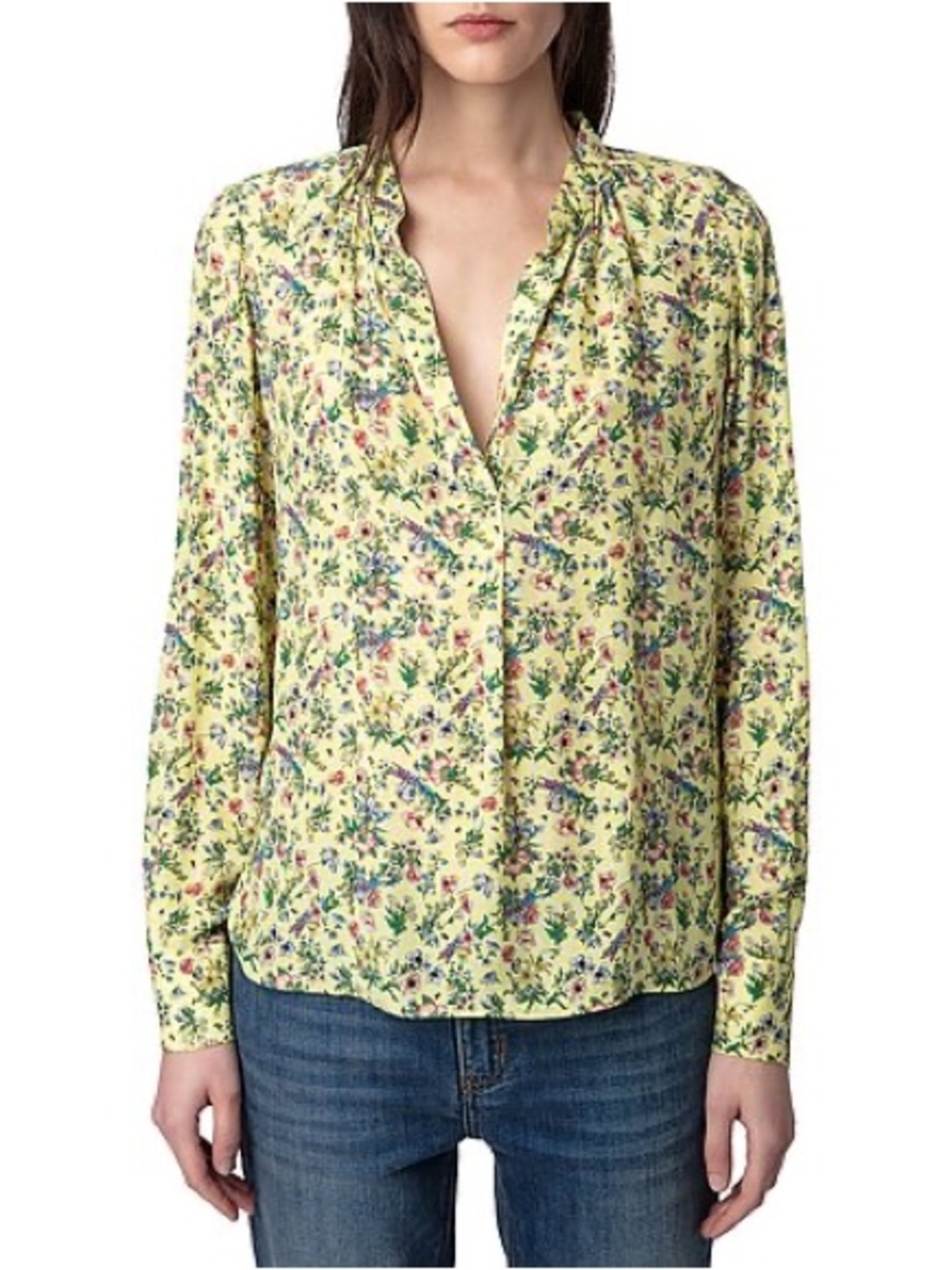 NWT Zadig & Voltaire Yellow Floral V-Neck Long-Sleeve Blouse
